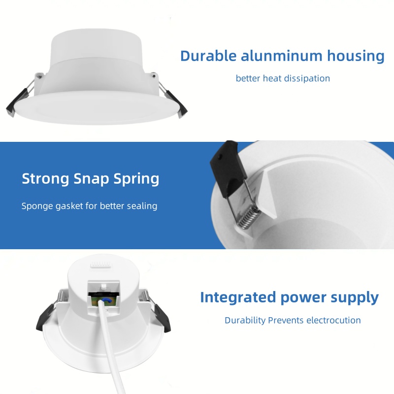 DL01-F LED Downlight 15w Saa 6 Inches Cut-out 150mm Aluminum Coated Plastic Flat Face IP44 Tri-colour Switchable Dimmable LED Downlight