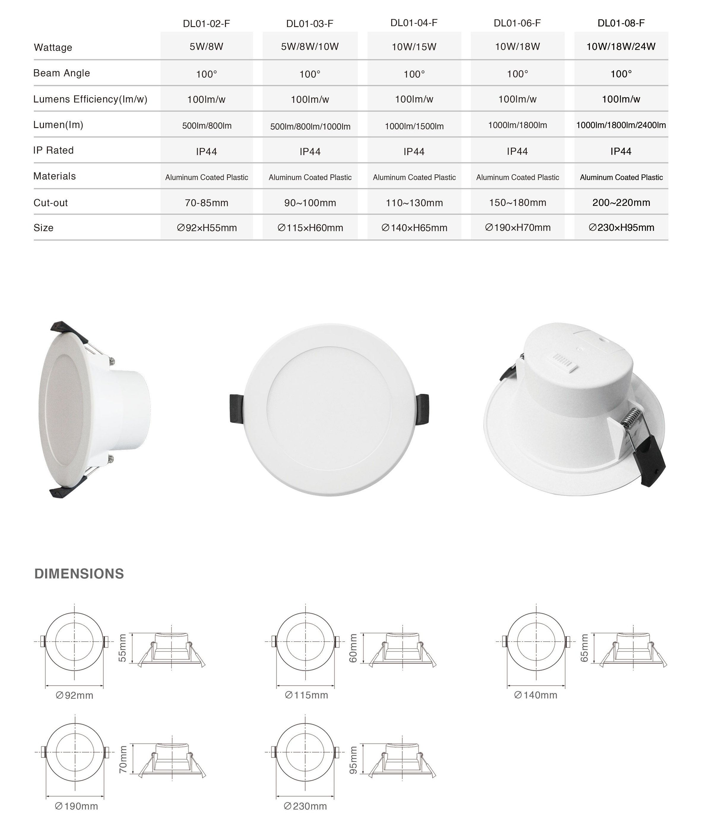 DL01-F black Light emitting diode downlight dimmable SMD round recessed home light outdoor saa black downlight 10w ip44 waterproof aluminum downlight