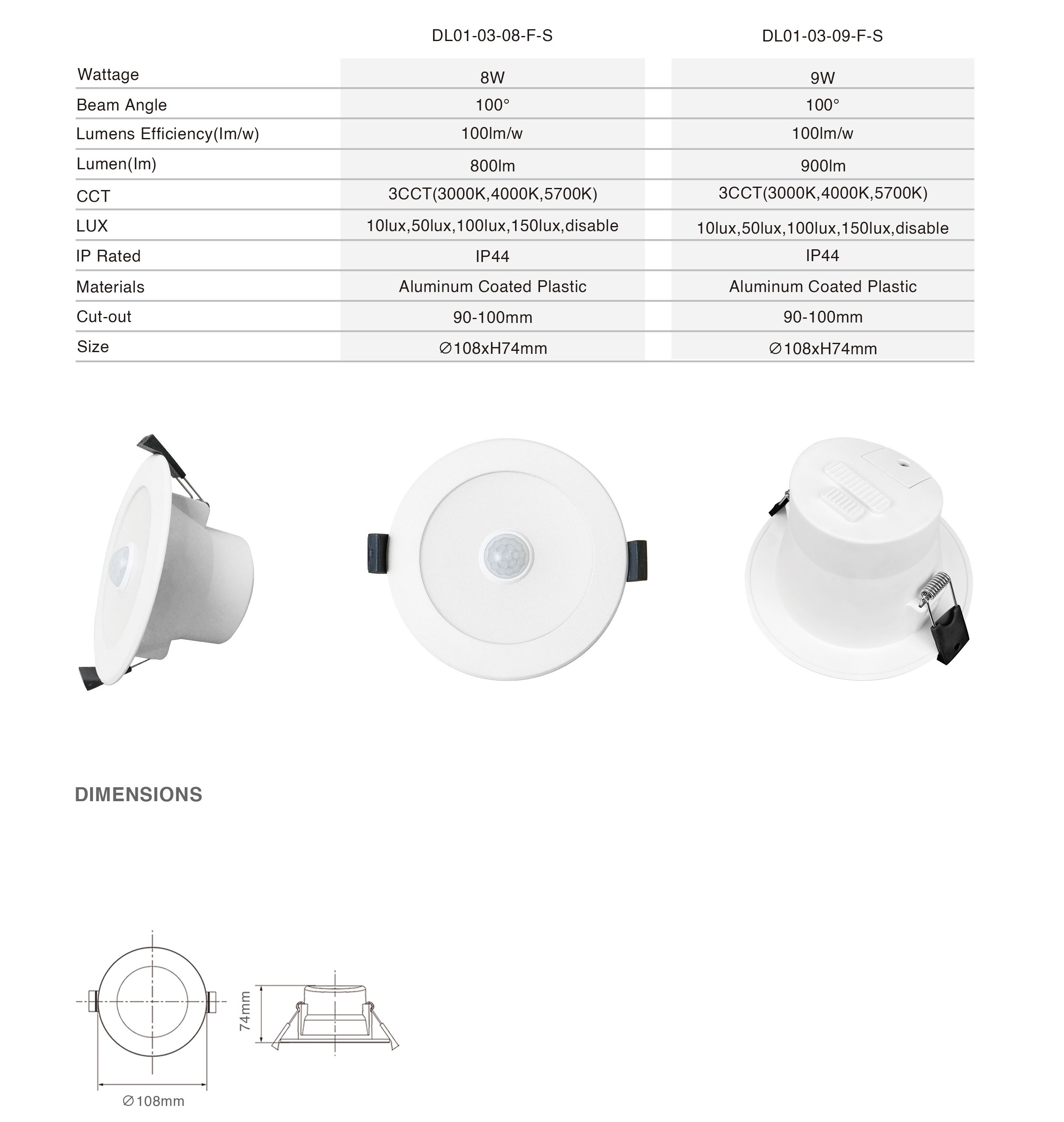 DL01-F-S Light Emitting Diode Motion Sensor Downlight 9w AC85-265V Cabinet Bedroom Closet Sensor Indoor Lighting ip44 saa Dimmable Light Emitting Diode Downlight
