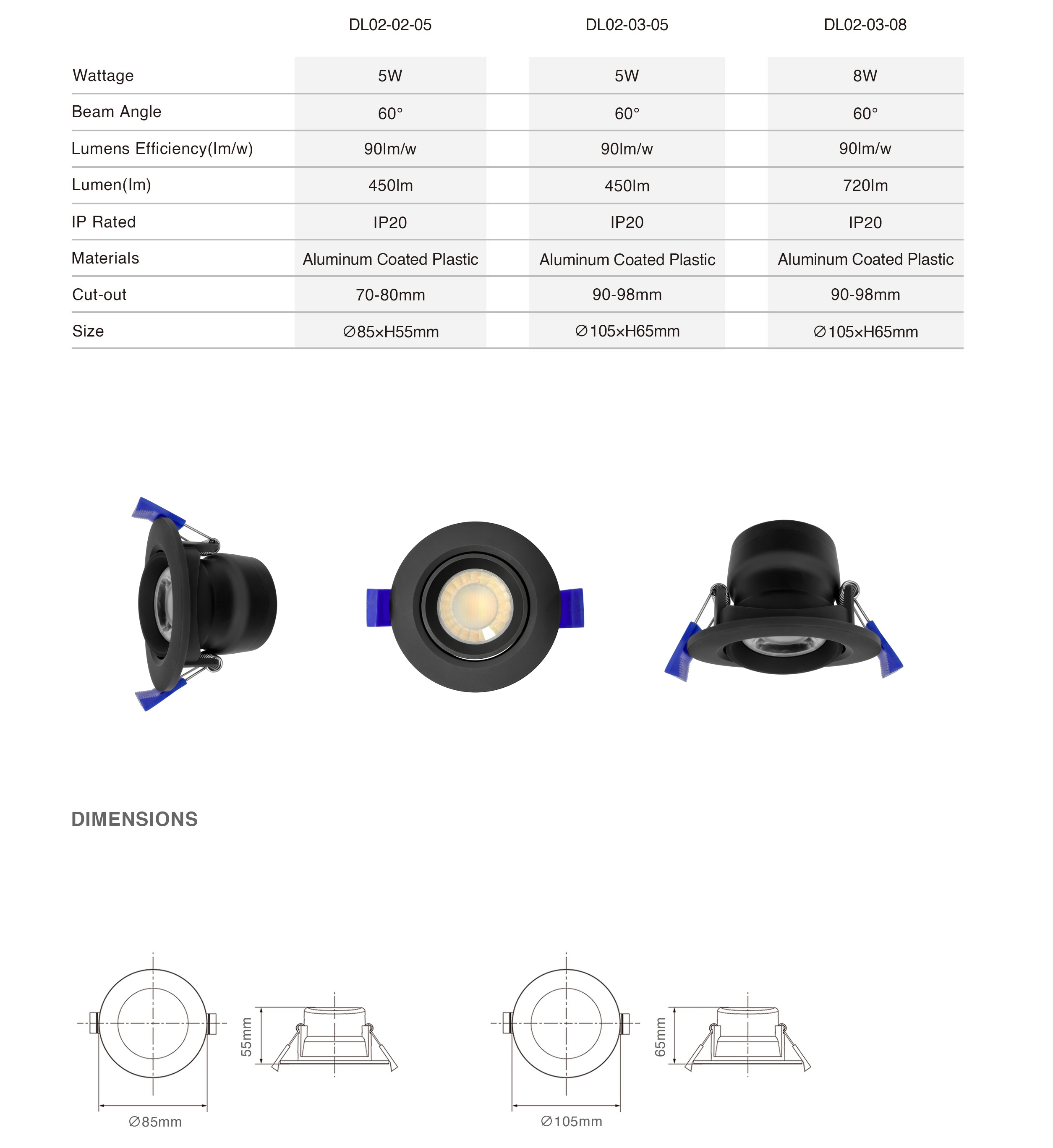 DL02 black indoor gimbal light emitting diode light recessed adjustable 5w 8w 10w CCT white round rotating anti-glare ceiling spotlight down light