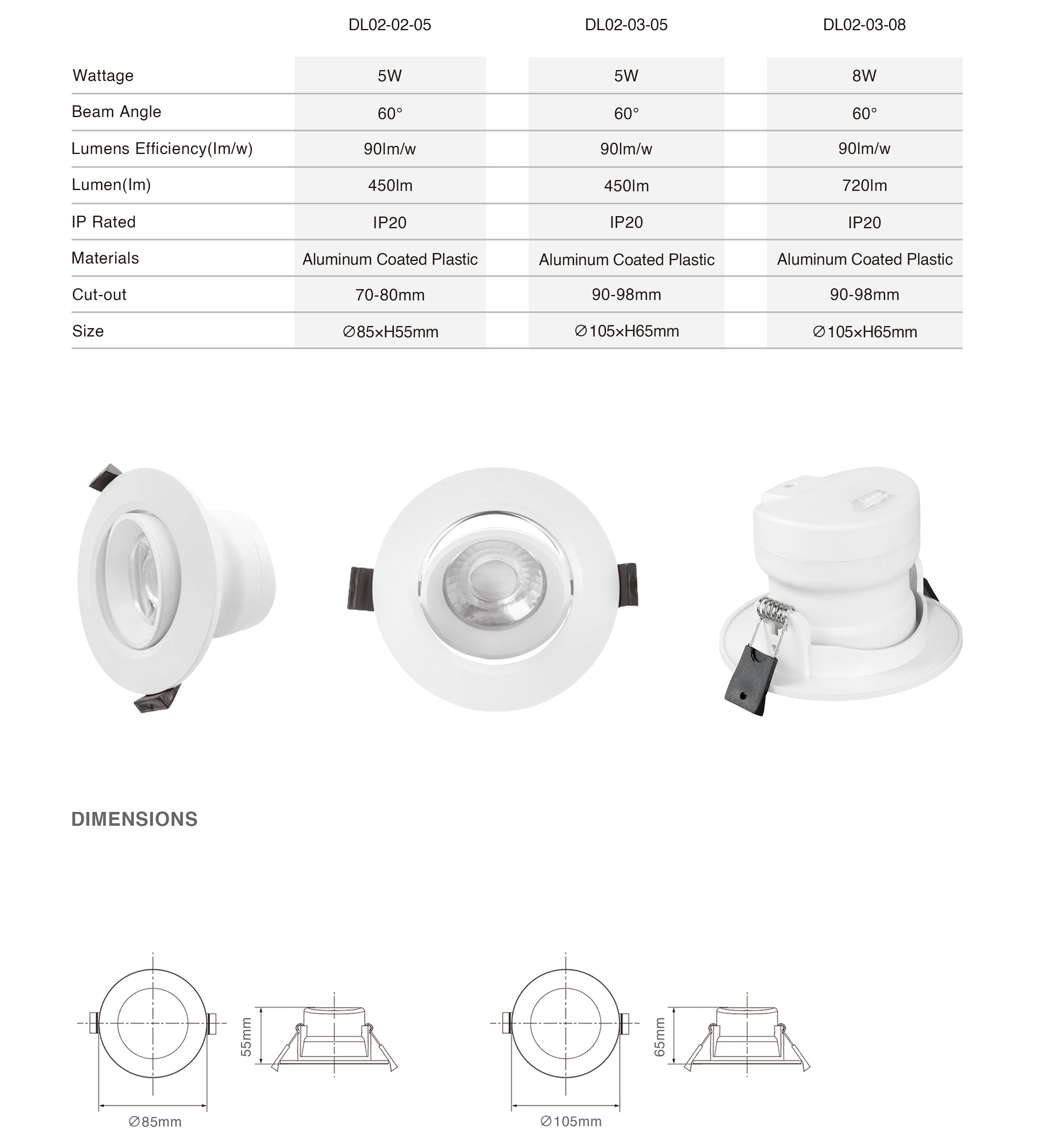 DL02 white  indoor gimbal light emitting diode light recessed adjustable 5w 8w 10w CCT white round rotating anti-glare ceiling spotlight down light