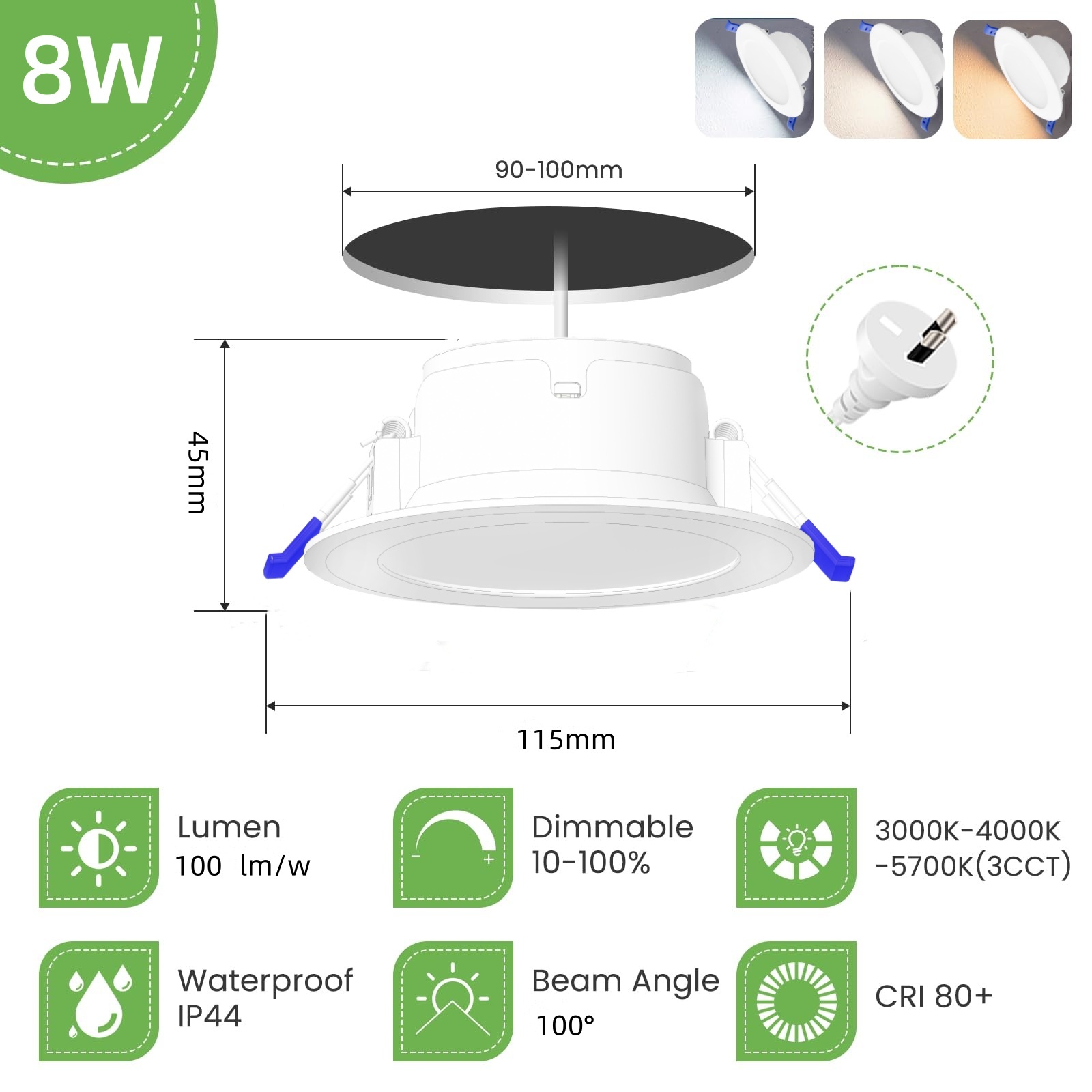 DL09 Downlight Unique Slim desgin 3cct dimmable 8w saa led downlight approved IP44 waterproof recessed ceiling light aluminium lamps