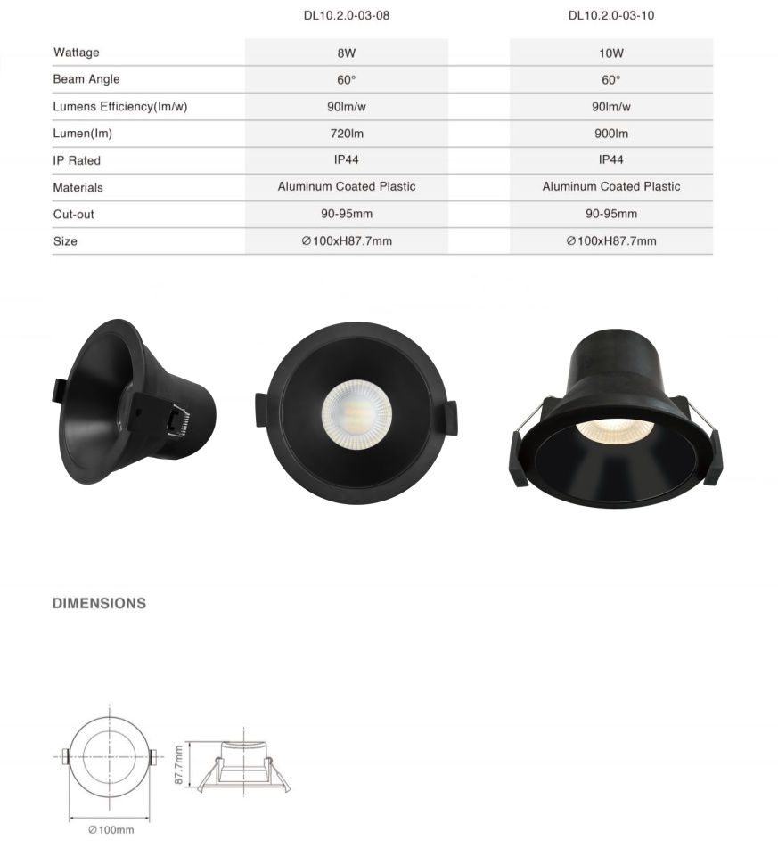 DL10.2.0  Anti-glare Spotlight Commercial LED Downlight 8W ip44 waterproof 3cct saa Recessed  Main Lighting Ceiling spotLight 90mm cut out
