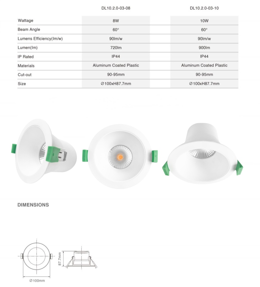 DL10.2.0  Anti-glare Spotlight Commercial LED Downlight 8W ip44 waterproof 3cct saa Recessed  Main Lighting Ceiling spotLight 90mm cut out
