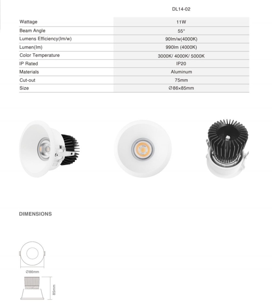 DL14 Indoor family hotel embedded spotlight anti-glare 11w embedded die-casting aluminum cob spotlight angle adjustable home lamp