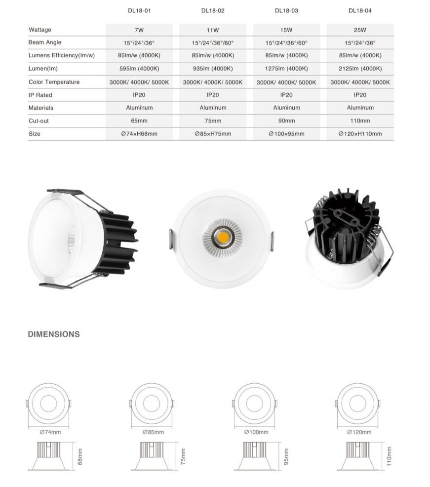 DL18 Light 11w 15w 25w embedded cob dimmable LED Modern indoor downlight embedded aluminum ceiling IP20 indoor waterproof downlight