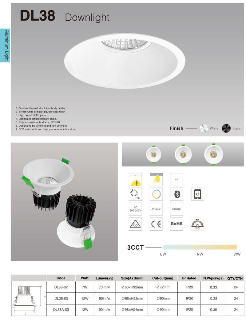 DL38 Light Emitting Diode Downlight Indoor Home Office COB Downlight 5w 7w 12w 18w Architectural Light Emitting Diode Downlight