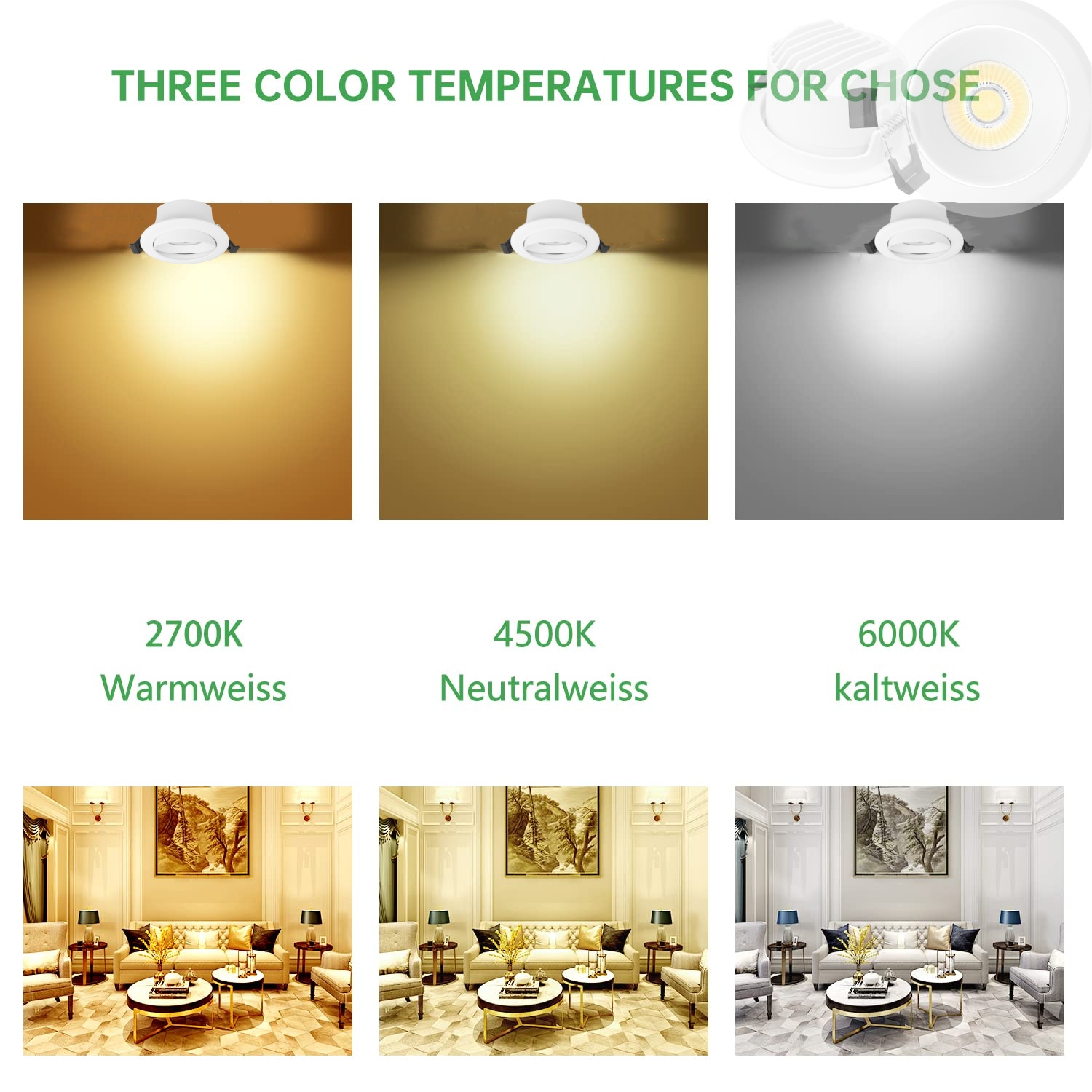 DL37 Light emitting diode downlight 15w dimmable switchable brightness 3CCT cob continuous aluminum CE for lighting living room home