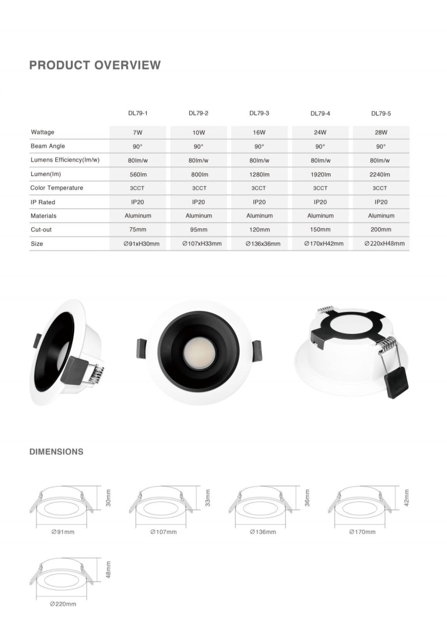 DL79 Waterproof Ip20 Dimmable Commercial Spotlight Anti-Glare Ceiling Light Emitting Diode Downlight Hotel Downlight No Decorative Recessed Downlights